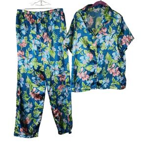 Cinema Etoile PJ Short Sleeve Set Floral Print Lounge Sleepwear Comfy Blue L
